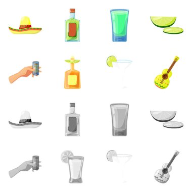 Kafe ve Latin simge vektör çizimi. Kafe ve web için ulusal hisse senedi simgesi toplama.