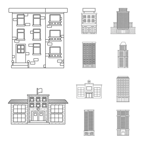 Vektor illustration av arkitektur och exteriöra skylt. Samling av arkitektur-och stads beståndets vektor illustration. — Stock vektor