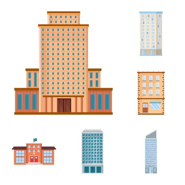 Ilustración vectorial de fachada y letrero de edificio. Conjunto de fachada e icono de vector exterior para stock . — Vector de stock