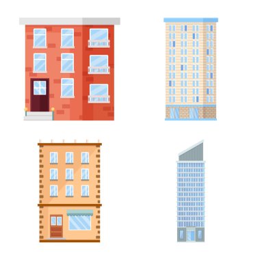 Ön cephe ve bina tabelasının vektör çizimi. Ağ için ön cephe ve dış hisse simgesi koleksiyonu.