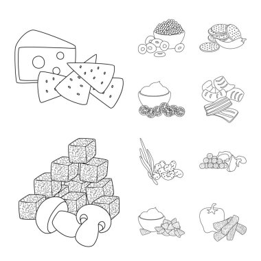 Tat izole nesne ve gevrek işareti. Stok için tat ve pişirme vektör simgesi seti.