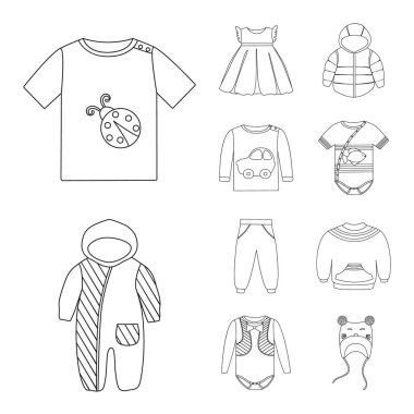 Aşınma vektör tasarımı ve çocuk logosu. Stok için giyim ve giyim vektör simgesi koleksiyonu.