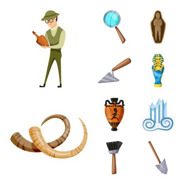 Arkeolojinin izole nesnesi ve tarihi işaret. Arkeoloji ve kazı stok vektör illüstrasyon seti.