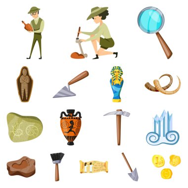Arkeoloji ve tarihsel sembol vektör tasarımı. Arkeoloji ve kazı stok vektör illüstrasyon seti.