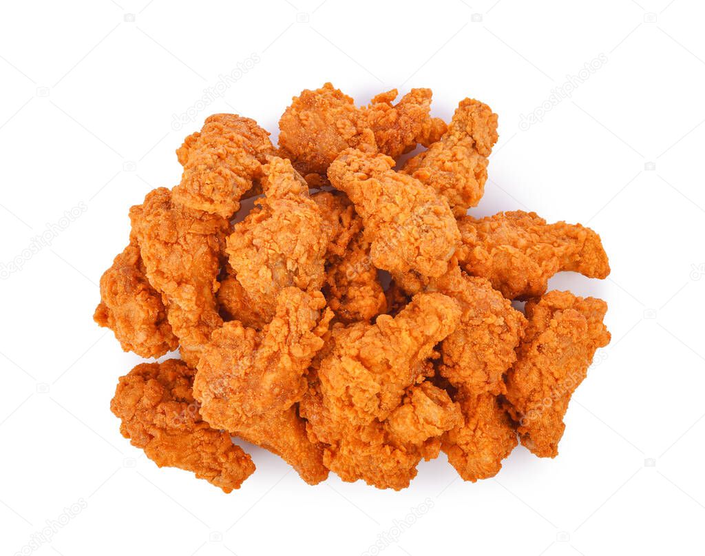 Fried spicy chicken isolated on white background. Top view