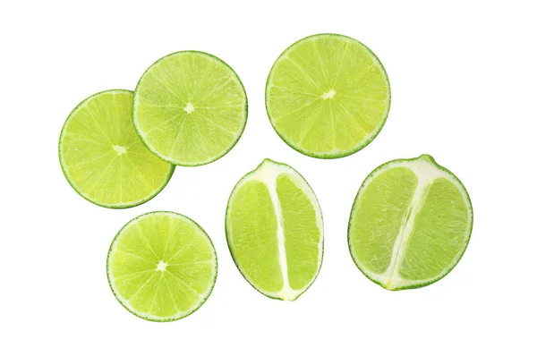 Κομμένα Φρούτα Lime Που Απομονώνονται Λευκό Φόντο Άνω Όψη — Φωτογραφία Αρχείου