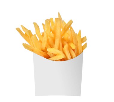 Beyaz arka planda izole edilmiş beyaz kağıt bir kutuda patates kızartması..