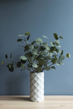 Masada yeşil dallı gri vazo var. Mavi duvarın arka planında çiçek vazosu
