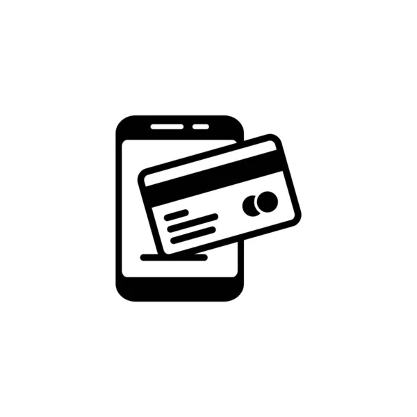 Mobil ödemeli siyah simge tasarımı beyaz zemin üzerinde siyah düz tasarım, banka kartı ile akıllı telefon, dijital ödeme işareti, Vektör illüstrasyon