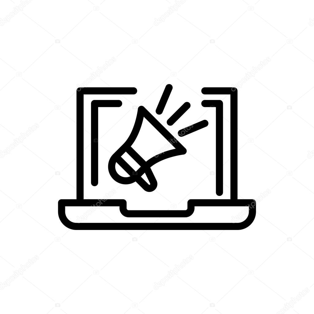 Computer and megaphone icon in outline style on white background, digital marketing icon e-commerce icon vector.