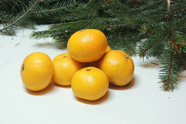 Christmas background,  tree and tangerines — Stock Photo, Image