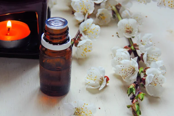 Essential oil and spring flowers — Stock Photo, Image