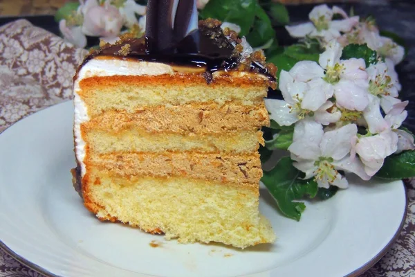 烤牛乳芝士蛋糕配杏仁和酸奶油 灰色背景下的传统玛莎莉莎 什罗维蒂德 — 图库照片
