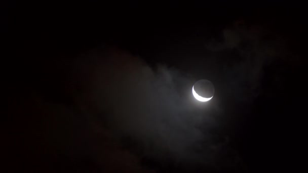 Young moon mooving through clouds at night — Stock Video