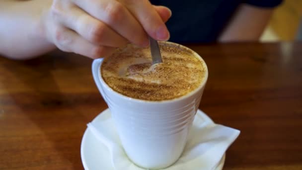 Revuelva el capuchino en una taza blanca — Vídeos de Stock