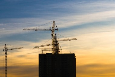 Birkaç Vinçler vinç sarı bitirmek çok katlı konut bina gün batımında