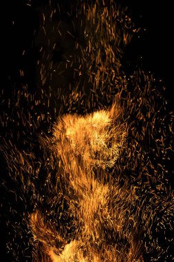 Ateşin kıvılcımları siyah arka planda uçuşuyor.