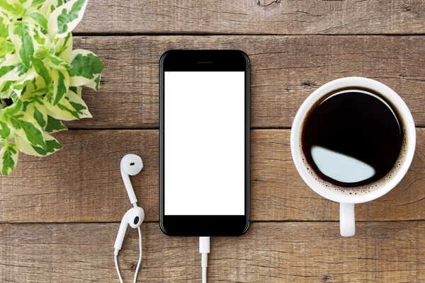 Ahşap masa, mockup modern smartphone akıllı telefon beyaz ekranda — Stok fotoğraf