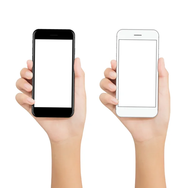 Mulheres segurar telefone mostrando tela em branco exibição no backgroun branco — Fotografia de Stock