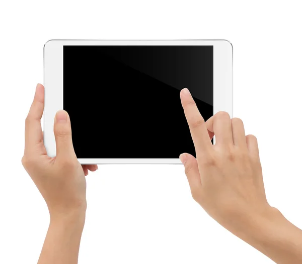 Close-up hand met tablet geïsoleerde witte achtergrond knippen — Stockfoto