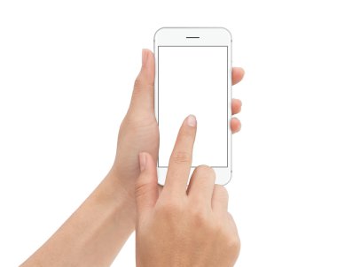Beyaz arka plan üzerinde kırpma yoluyla izole el dokunmatik telefon