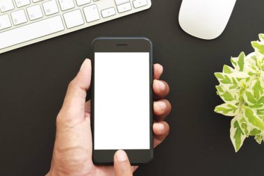 elini tut telefon beyaz perde göstermek, yakın çekim iş adamı touc