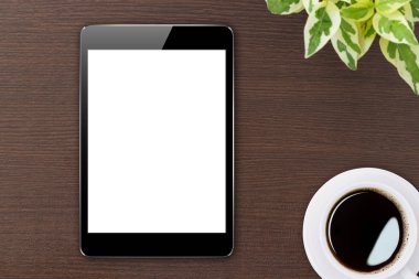 Dijital tablet boş ekran ahşap Üstten Görünüm