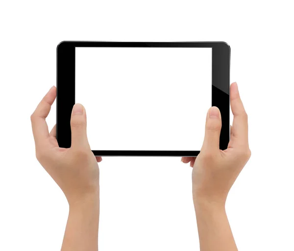Zbliżenie dłoni trzymając tablet, makiety czarny cyfrowy tablicowy isola — Zdjęcie stockowe