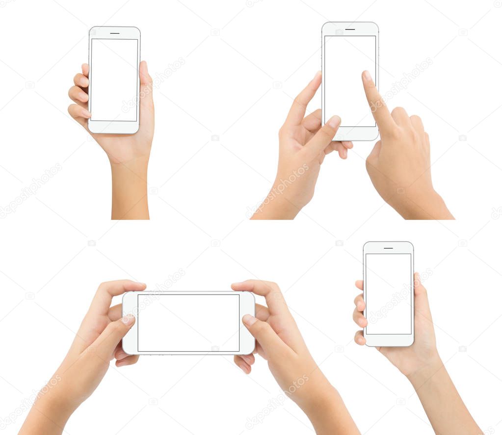 hand hold phone blank screen isolated on white background, mock-