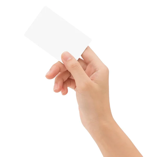 クリッピング パスと隔離される空白カードを持っている手します。 — ストック写真