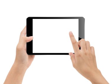 yakın çekim el beyaz kırpma yolu insid üzerinde izole tablet kullanma