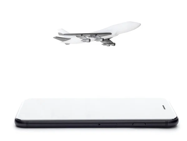 Модель телефону та літака на білому тлі — стокове фото