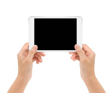 içindeki beyaz kırpma yolu üzerinde izole kadın elinde tablet