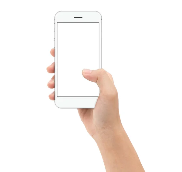 Hand hält Smartphone auf weißem Hintergrund Ausschnitt Pfad insi — Stockfoto
