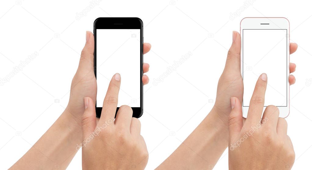 hand touch phone isolated with clipping path on white background