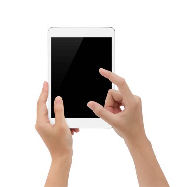 Beyaz arka plan üzerinde mock-up tablet bl dijital tablet kullanarak ele