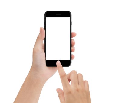 yakın çekim el beyaz, zeki kadar sahte izole mobil telefonunuzun ve