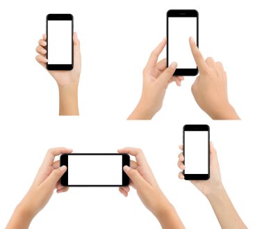 kadın elini tut telefon boş ekran beyaz arka plan üzerinde izole,