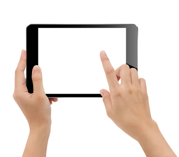 Close-up hand met tablet geïsoleerde witte achtergrond knippen — Stockfoto