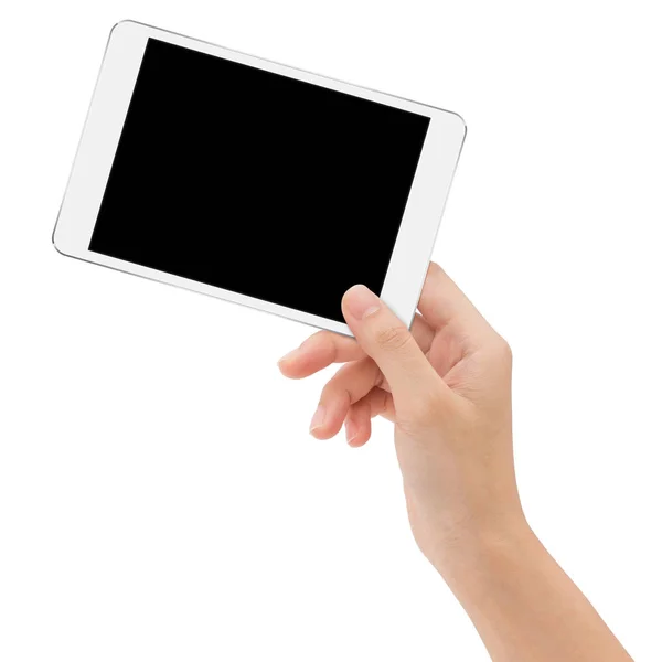 Primer plano mano celebración de maquetas tableta digital sobre fondo blanco —  Fotos de Stock