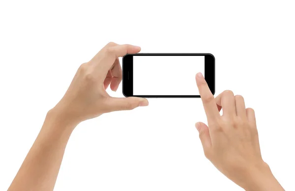 手拿着手机，手机和触摸屏上白色孤立 — 图库照片