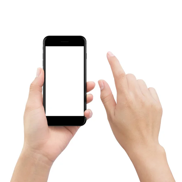 Beyaz, telefonu sahte izole smartphone ekran dokunaklı el