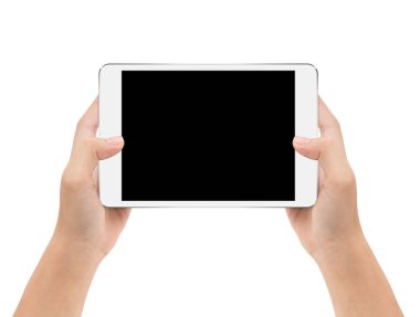 mock-up dijital tablet üzerinde el izole beyaz arka plan ile