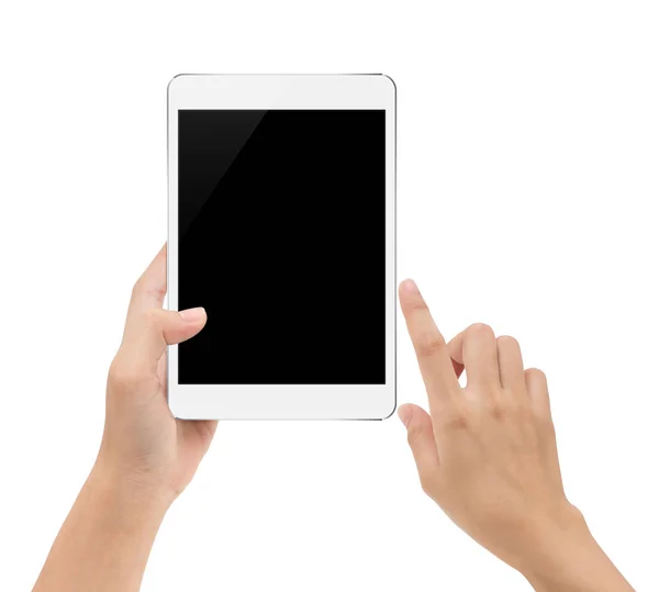 Tableta digital simulada en mano aislada sobre fondo blanco con —  Fotos de Stock