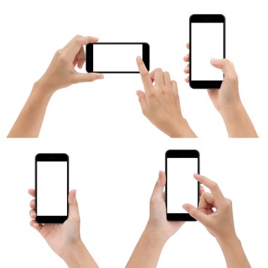El hareketi tutuşu ve beyaz arkaplanda izole edilmiş telefon kullanımı