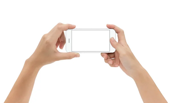 Рука держа макет мобильного телефона изолированы на белом фоне — стоковое фото