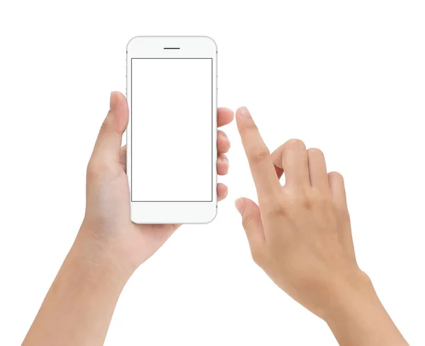 Hand berührt Handy-Bildschirm isoliert auf weiß, mock up sma — Stockfoto