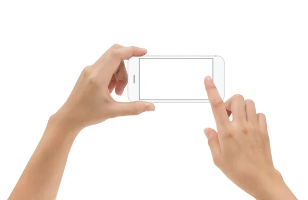 Ręka trzyma telefon, mobilnych i dotykając ekranu na białym tle — Zdjęcie stockowe
