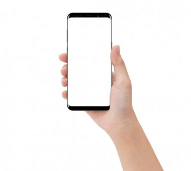 yakın çekim el telefon mobil beyaz, mock-up s izole dokunmadan