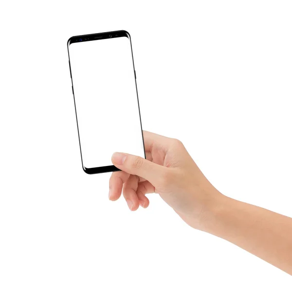 Рука держать новый смартфон изолирован на белом фоне — стоковое фото